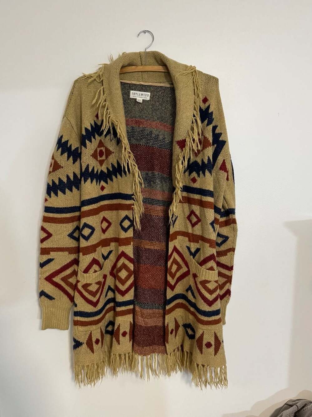 Idyllwind Fringed Geometric Cardigan Sweater, XL